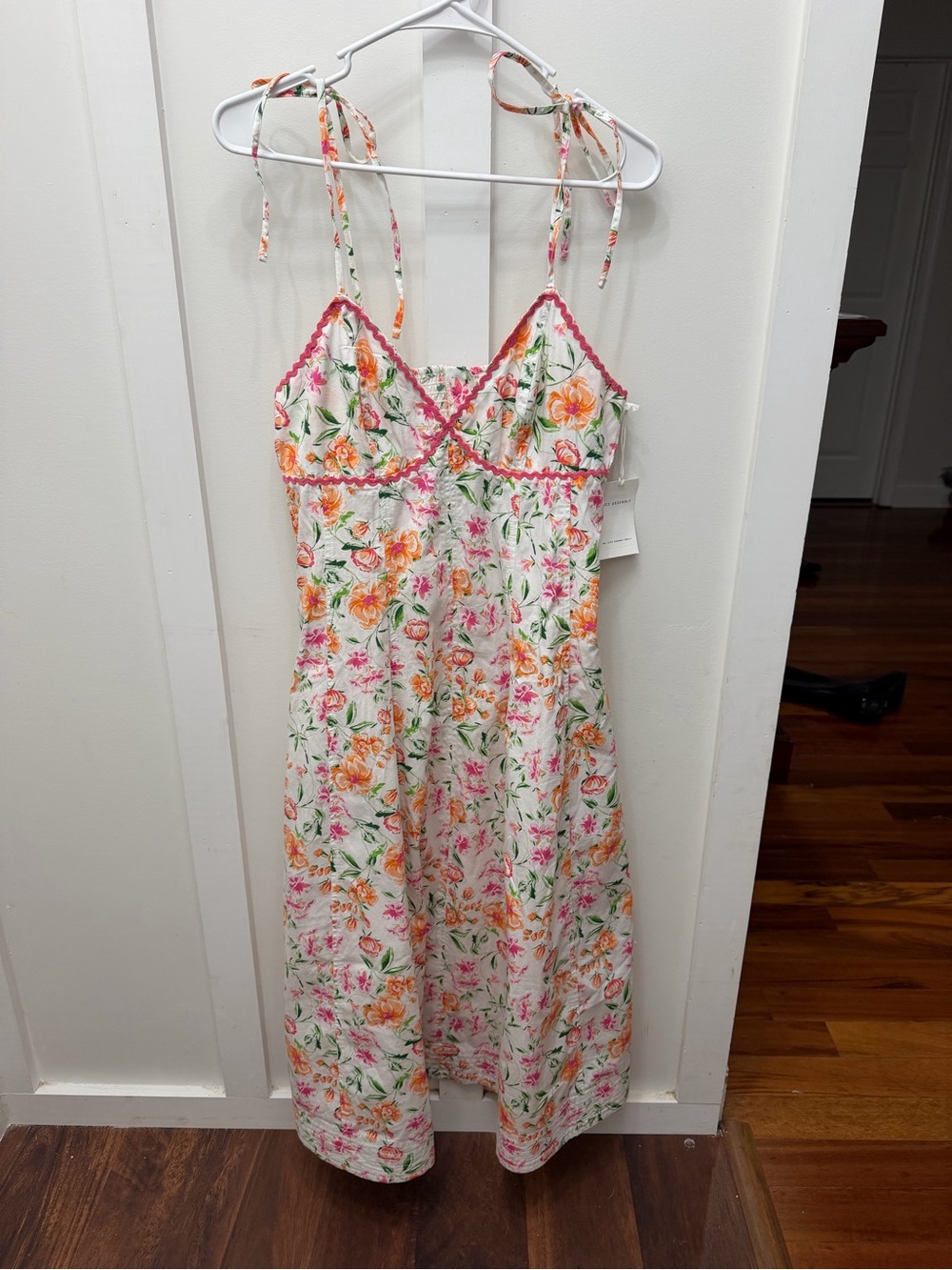 Free assembly Floral Tie-Shoulder Sundress with Pink Trim
